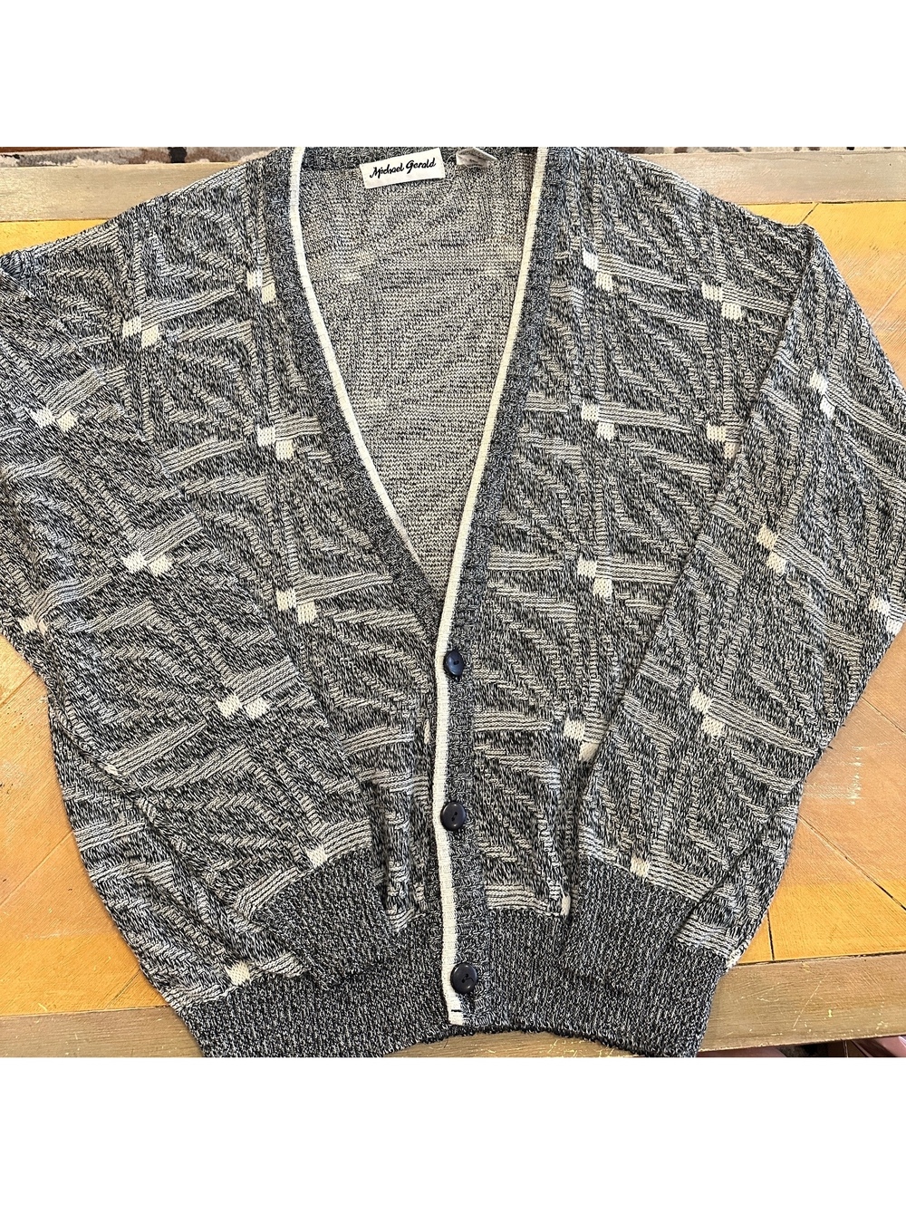 Vintage Michael Gerald Large Black White Textured Cardigan Made in USA